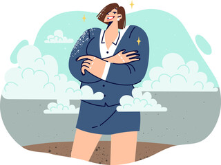 Tall woman leader stands among clouds and confidently crosses arms in front of chest. Smiling leader girl in business suit suggests contacting consulting company to draw up marketing plan.