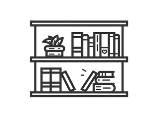 Outline icon of a book on a bookshelf. Black line and minimal style. White background.
