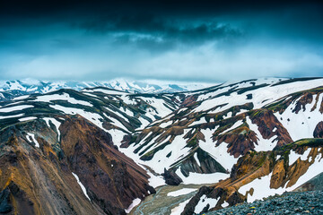 Volcanic mountain with snow covered at Blahnjukur trail in Icelandic Highlands