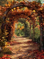 a path with orange leaves and a archway