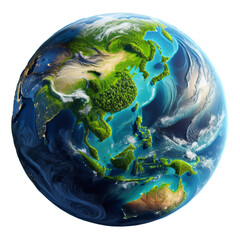 Planet earth centred on Oceania. Blue and green globe isolated on transparent background. PNG. Concept of environment, ecology.