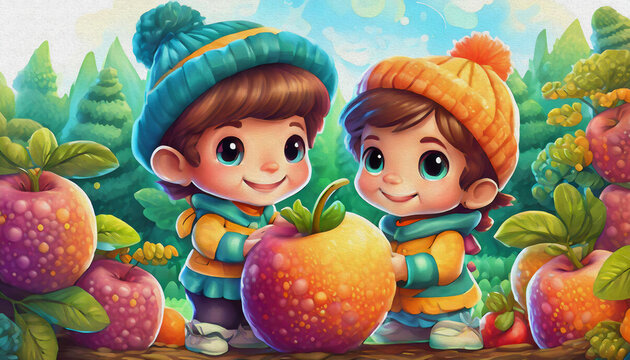 oil painting style CARTOON CHARACTER CUTE BABY Joyful Children Exploring a apple Patch on a Chilly Autumn Day,