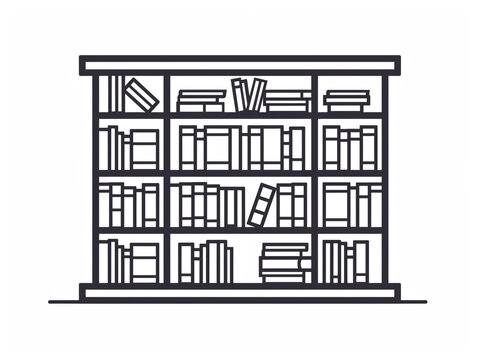 recommend clip art: Outline icon of a book on a bookshelf. Black line and minimal style. White background.