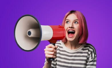 Funny very happy pink woman wear dent dental tooth braces brackets, sweater advertise use mega phone megaphone loudspeaker bullhorn, shout advertise, isolated violet purple background. Sales ad.