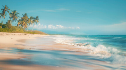 Serene tropical beach with palm trees and waves on a sunny day