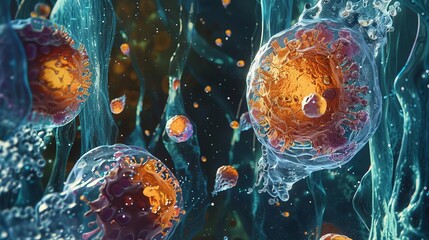 exploration of cellular therapy and regeneration depicted through a microscopic view of body cells highlighting the potential for groundbreaking medical advances - obrazy, fototapety, plakaty