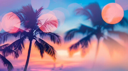 Fototapeta na wymiar Serene backdrop with blurred lights, silhouetted palm trees, and a vibrant sunset