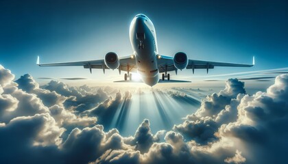 The plane flies over beautiful clouds against the background of the sun and the lines of its rays in the backlight. Air travel, travel agency. Symbolic banner of an airline, travel agency, air carrier