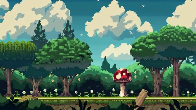 Pixel art of a lush forest landscape with a whimsical oversized mushroom, evoking nostalgia and concepts of gaming, fantasy, and adventure
