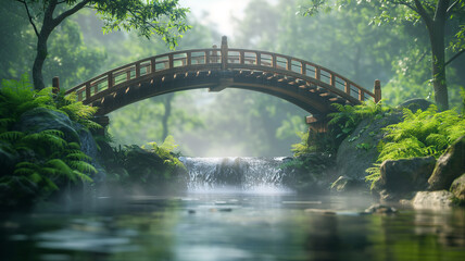 A bridge spans a river with a waterfall on the other side