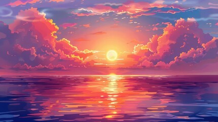 majestic sunset sky with vibrant colors clouds and sun reflection over calm ocean vector illustration