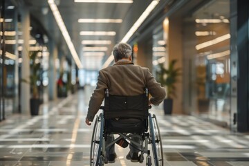 A professional in a wheelchair navigating the busy corridors of an office space, empowerment in the...