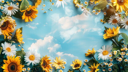 Fototapeta premium Vibrant sunflowers and daisies bordering a clear blue sky, ideal for summer-themed design