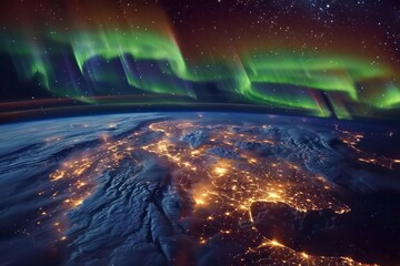 Aurora borealis from space, Earth's magnetic field interaction, natural light show