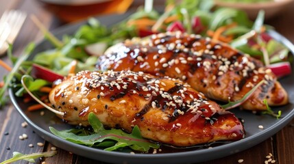 Chicken breast with soy teriyaki sauce and sesame seeds
