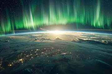 Aurora borealis from space, Earth's magnetic field interaction, natural light show - obrazy, fototapety, plakaty