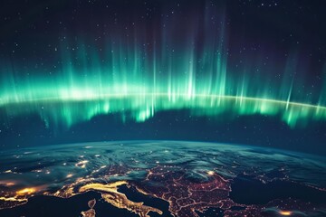 Aurora borealis from space, Earth's magnetic field interaction, natural light show - obrazy, fototapety, plakaty