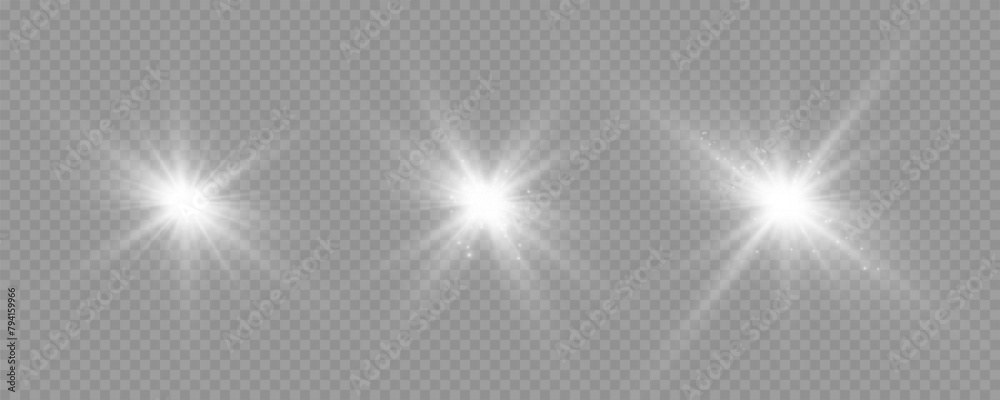 Poster Sparkling stars, twinkling and flashing lights. Collection of various light effects on a black background. Realistic vector graphics
