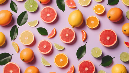 Creative background made of summer tropical fruits with leaves, grapefruit, orange, tangerine, lemon, lime on pastel yellow background. Food concept