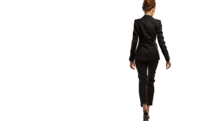 Elegant woman in business black suit walking away
