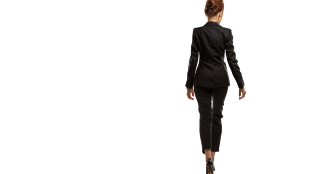 Elegant woman in business black suit walking away