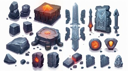 A set of various artifacts of 2D game objects on a light background