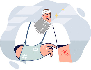 Man with head injuries and broken arm needs long rehabilitation after being involved in car accident. Sick guy who was hospitalized with injuries is awaiting payment from health insurance.