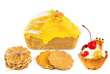 Lemon cupcake, nut cookies and fruit cake, isolated on white. Collage.