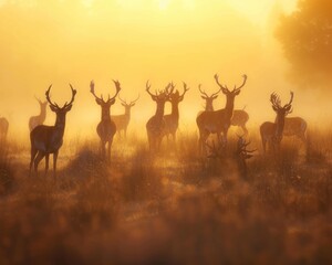 A beautiful foggy sunrise with a herd of deer in silhouette