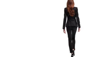 Elegant woman in business black suit walking away