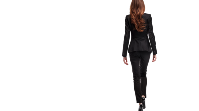 Elegant woman in business black suit walking away