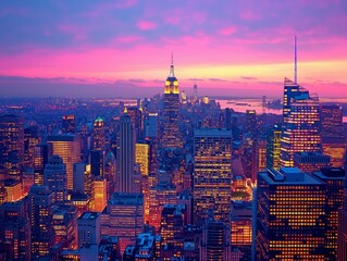 A city skyline at night with the Empire State Building in the center. The sky is a beautiful pink and purple color