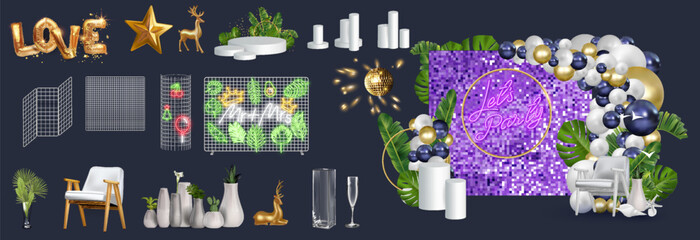A set of holiday decoration items, golden balls, shiny background, vases with flowers, 3d scene design. - 794161731