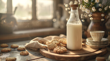 Obraz na płótnie Canvas Milk bottle and cookies on wooden table