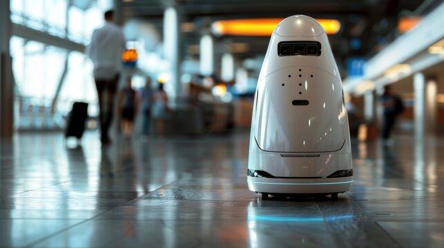 At an airport a security robot tirelessly scans the neverending flow of passengers able to quickly identify any prohibited items or suspects. .