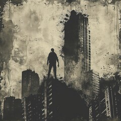 A dark and gloomy city with a figure standing on a rooftop looking out over the skyline.