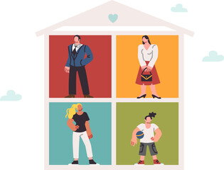 Large family home for mom and dad and two teenage children bought first property with mortgage. Family home with separate rooms for each person, as metaphor for profitable rental or property purchases