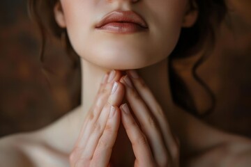 Cropped shot of young woman touching under the chin with hands massaging her face on dark brown background. Rejuvenation, facelift, face fitness. Exercises from the second chin, pelican neck