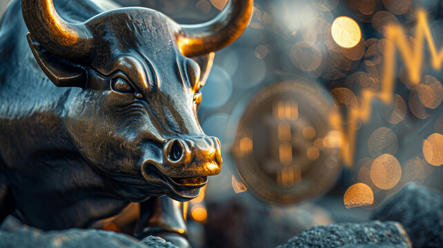 Close-up of a bronze figure of a bull against the background of a stock chart