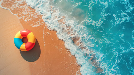 Vibrant beach ball float at the shoreline with waves gently lapping the sand - obrazy, fototapety, plakaty