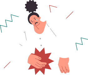 Shocked businessman learns about deadline and looks at wristwatch in surprise, needing help to complete task on schedule. Man office employee gets scared after receiving deadline conditions