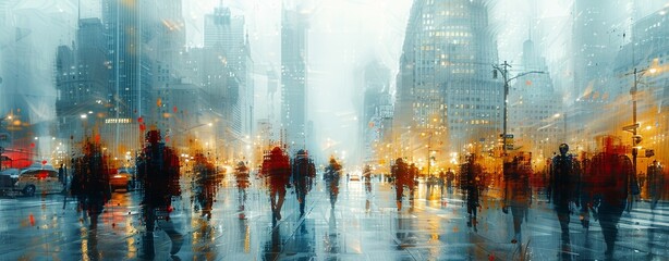 Obraz premium Blurred crowd in the business district: professionals, entrepreneurs, and commuters bustling through the city streets, embodying urban vitality