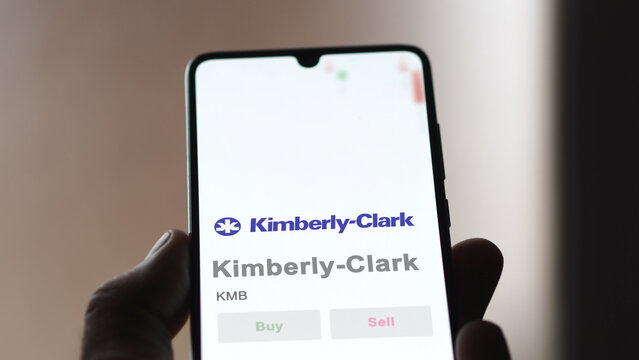 April 09th 2024 , Irving, Texas. Close up on logo of Kimberly-Clark on the screen of an exchange. Kimberly-Clark price stocks, $KMB on a device.