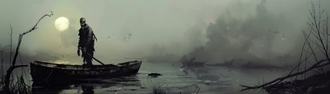 A lone fisherman rows his boat through a dark and foggy swamp.