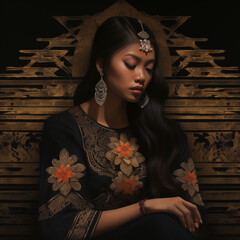 portrait of Filipino beauty isolated on black and gold tribal background concept
