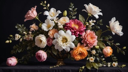 Obraz na płótnie Canvas Classic Bouquet of Flowers Against a Black Backdrop. Elegant Baroque-Inspired Design.