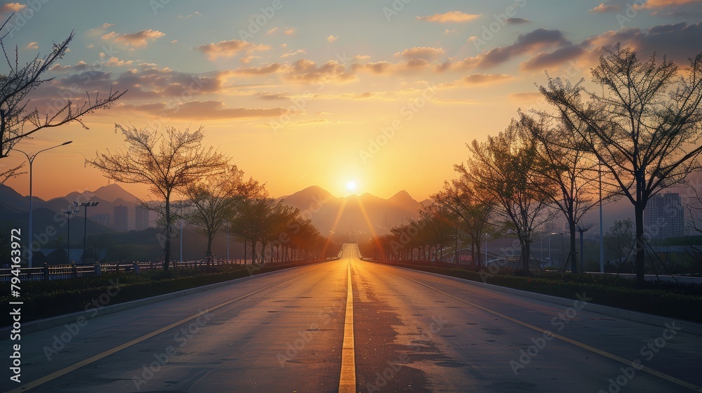 Poster a road with a sunset in the background. the sun is setting behind the mountains. the road is empty a