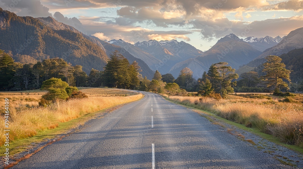 Poster a long road with a mountain range in the background. the road is empty and the sky is cloudy