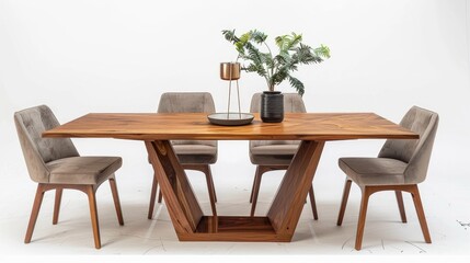Contemporary wooden dining table set against a white backdrop