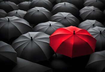 Fototapeta na wymiar A red umbrella standing out among a sea of black umbrellas on a rainy day